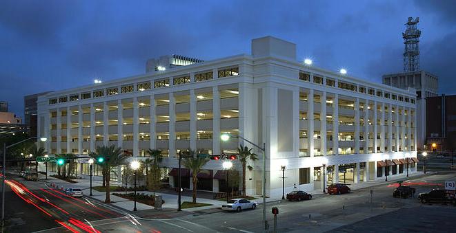 Parking garage in the evening.